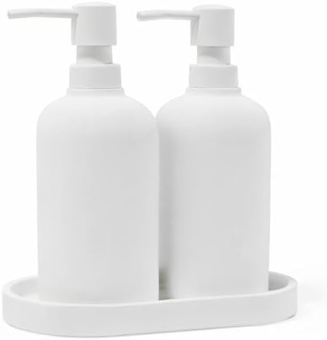 Matte White Soap Dispenser Set with Tray, 2 Pack 15oz Round Rustproof Liquid Hand Dish Soap Dispensers with Tray for Kitchen Sink, Countertop, and Bathroom