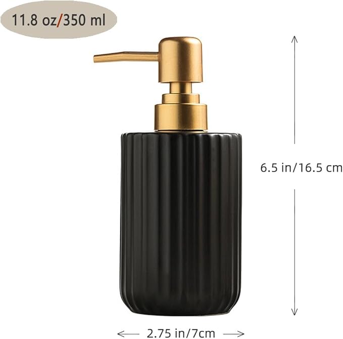Chic Cylinder-Shaped Soap Dispenser, Vertical Stripe Design with Gold Pump, Ceramic Lotion Dispenser(Black)