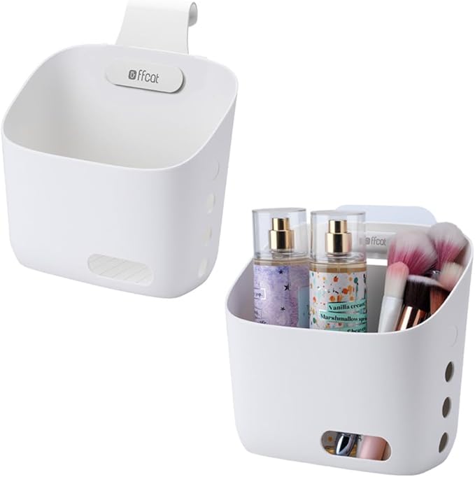 Plastic Hanging Basket Kitchen Storage organizer, Basket with Detachable hook, Hang it behind a door or on a railing, Over the Cabinet Door (Light White, Large)2pack