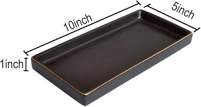 10 x 5 Ceramic Bathroom Tray for Countertop, Decorative Vanity Tray for Dresser Tops, Small Rectangular Trays for Perfume, Candle, Jewelry, Cosmetics (Black)