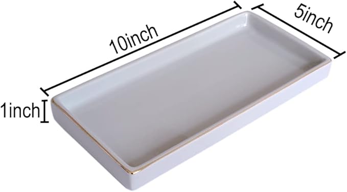 10 x 5 Ceramic Bathroom Tray for Countertop, Decorative Vanity Tray for Dresser Tops, Small Rectangular Trays for Perfume, Candle, Jewelry, Cosmetics (Gray)