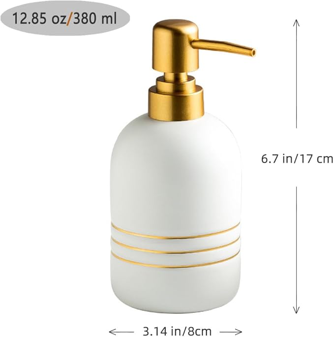 Elegant Cylinder-Shaped Soap Dispenser, Matte Ceramic Bottle Designed with Simple Golden Lines(White)