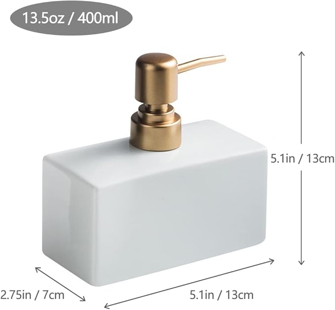 Modern Soap Dispenser with Matte Golden Pump for Bathroom, 13.5 oz Ceramic Rectangle Lotion Dispenser, Refillable Dish Soap Dispenser (Black)