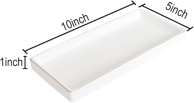 10 x 5 Ceramic Bathroom Tray for Countertop, Decorative Vanity Tray for Dresser Tops, Small Rectangular Trays for Perfume, Candle, Jewelry, Cosmetics (White)