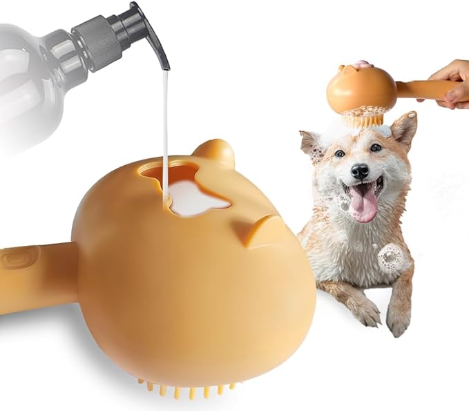 Soft Dog Bath Brush with Shampoo Dispenser, Hair Brush for Bathing and Shedding, Deep Cleaning Dog Bath Scrubber Supplies for Short Long Haired Dogs and Cats