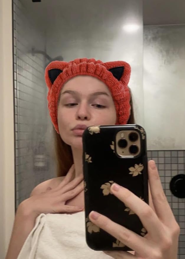 Huachi 2 Packs Cute Cat Spa Headband for Washing Face Makeup Skincare, Animal Headbands for Women Girls Trendy Stuff Gifts Soft Coral Fleece Facial Wash Hair Accessories (Blue + Red)