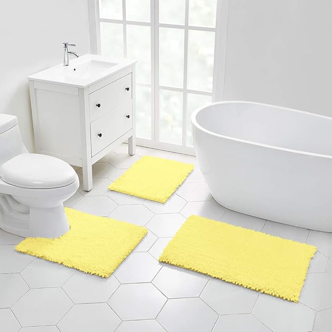 Walensee Bathroom Contour Rug Non Slip Toilet U Shaped Bath Mat (20x24, Yellow) Water Absorbent Super Soft Shaggy Chenille Machine Washable Dry Extra Thick Perfect Absorbant Best Plush Carpet