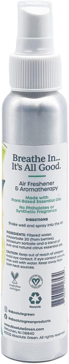 Absolute Green Air Freshener Room Spray, Non-Toxic, Cover Odors, Safe around Kids and Pets, Natural Fresh Citrus Scent 4oz (Pack of 2)