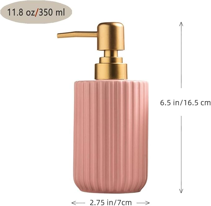 Chic Cylinder-Shaped Soap Dispenser, Vertical Stripe Design with Gold Pump, Ceramic Lotion Dispenser(Pink)