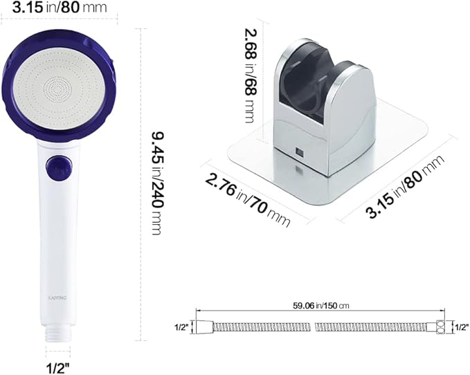 KAIYING Drill-Free High Pressure Handheld Shower Head with ON/OFF Pause Switch 3 Spray Modes Water Saving Showerhead, Detachable Shower-Head, (H:Shower Head (White & Blue)+Bracket+Hose)