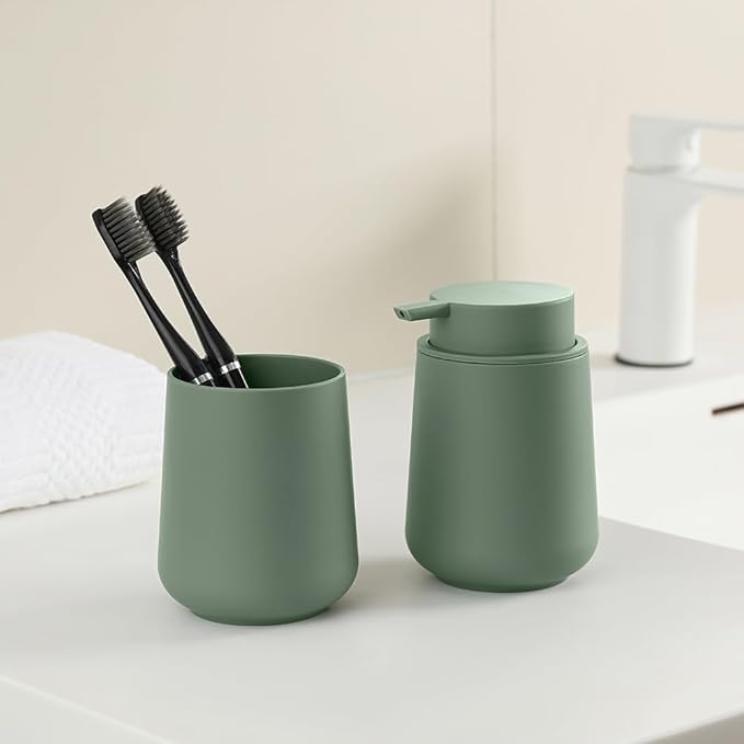 Sage Green Liquid Hand Soap Dispenser Plastic 11 oz - Modern Minimalist Style for Bathroom & Kitchen Countertop Refillable