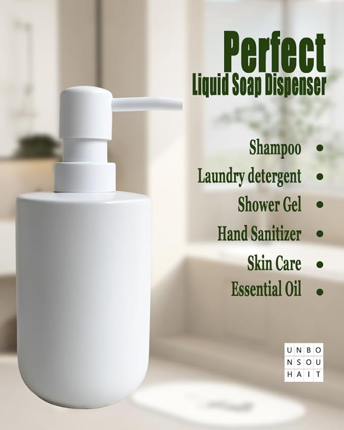 Ceramic Hand Soap Dispenser with Plastic Pump - Simple Style, White Cylindrical Soap Dispenser for Bathroom and Kitchen