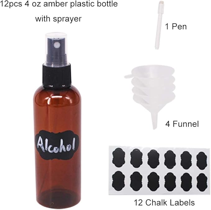12 Pack 3.3 oz Fine Mist Spray Bottle Amber Plastic Spray Bottles For Essential Oils, Perfumes, Alcohol, Travel Bottle, Refillable Containers with Funnels, Chalk Labels, Pen