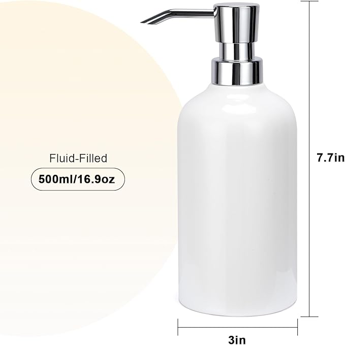 Ceramic White Soap Dispenser with Rust-Proof Plastic Pump Bathroom, 16.9oz Hand Soap Dispenser for Kitchen, Hotel