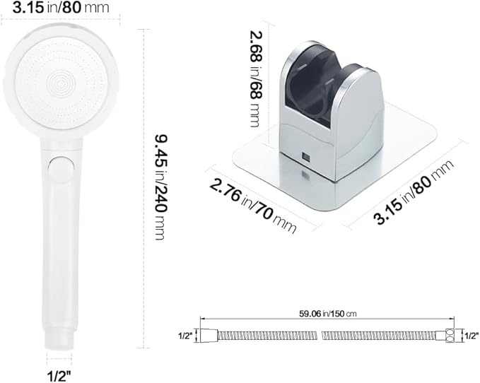 KAIYING Drill-Free High Pressure Handheld Shower Head with ON/OFF Pause Switch 3 Spray Modes Water Saving Showerhead, Detachable Shower-Head, (G:Shower Head (White)+Bracket+Hose)