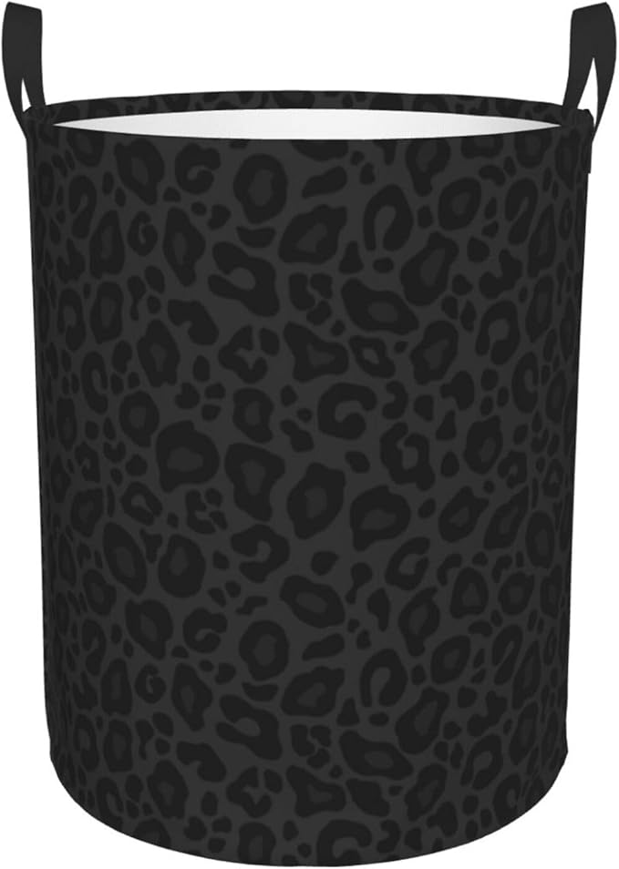 Black Leopard Print Laundry Hamper Bag With Waterproof Liner - Round Laundry Basket Foldable Clothes Storage Organizer For Bathroom Bedroom Nursery Dorm, M-19.6"X 15.7"