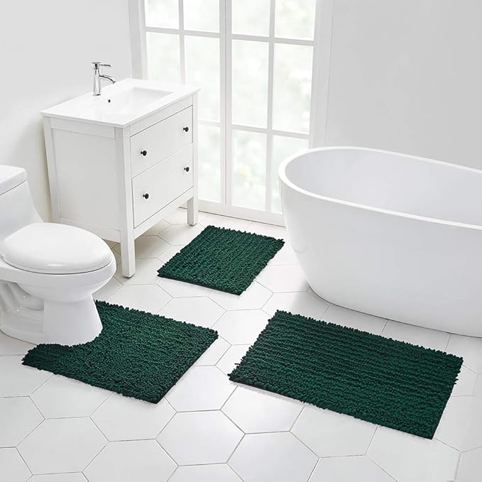 Walensee Bathroom Contour Rug Non Slip Toilet U Shaped Bath Mat (20x24, Hunter Green) Water Absorbent Super Soft Shaggy Chenille Machine Washable Dry Extra Thick Perfect Absorbant Best Plush Carpet