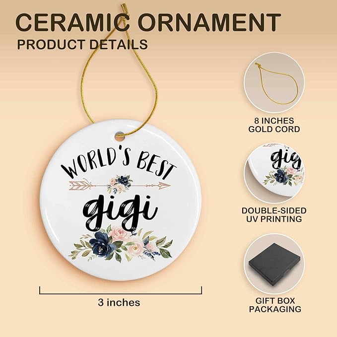 World's Best Gigi Ceramic Ornaments Gifts, Grandma Grandmother Round Hanging Ornament Decor Decorations for Christmas Tree Car, Thank You Appreciation Gifts for Gigi Birthday Holiday