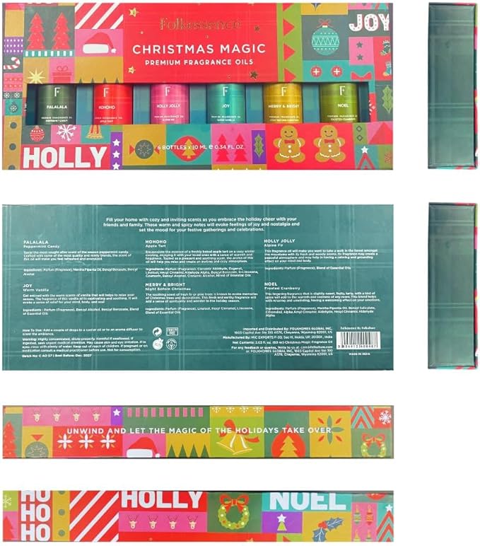 Folkulture Christmas Fragrance Oils for Diffuser | Set of 6 Christmas Essential Oils Set for Home | Peppermint, Candy, Apple Tart, Cranberry, Vanilla (Christmas Magic) | Xmas Gift