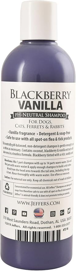 Jeffers Pet BlackBerry Vanilla Shampoo 17 oz - Gentle Tearless Formula for Sensitive Skin, Aloe Vera & Coconut Oils, Safe for Dogs, Cat & Rabbit, PH Neutral, Detergent Free, Healthy Coat Care