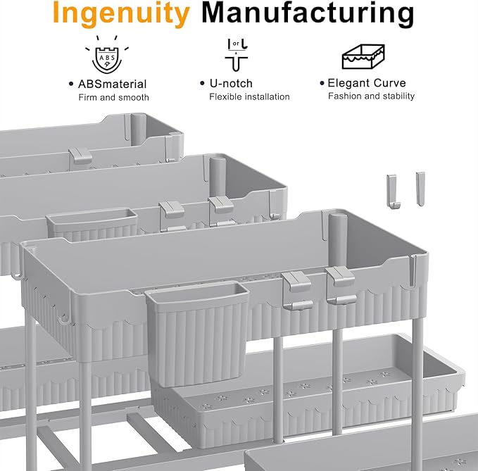 3 Pack Under Sink Organizers, 2-Tier Multi-Use Kitchen and Bathroom Organizers and Storage with Sliding Drawers,Bathroom Cabinet Organizer (Gray, 14.8 Inch)