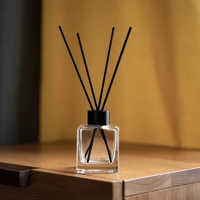 4PCS Glass Diffuser Bottles, Refillable Diffuser Bottles Square Shape with 20pcs Reeds Sticks & Black Caps & Funnel, 3.66" High 150ml 5.29 fl oz. Diffuser Jars for Home Oil Fragrance Decoration