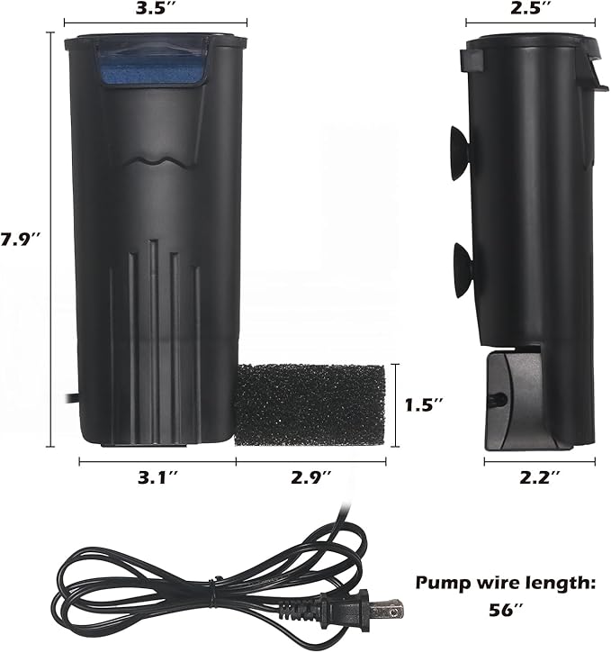 Turtle Tank Filter Aquarium Internal Filter for 3 to 20 Gallon Fish Tank, Bio-filtration Low Water Level Small Power Canister Filter, Frog Shrimp Newt Betta Water Clean, Hang On Back Waterfall Quiet