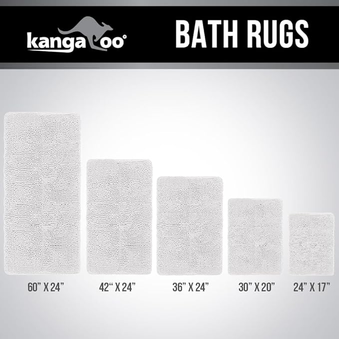 KANGAROO Bathroom Rugs, Chenille Soft Absorbent Bath Rug, Shaggy Shower Mat, Quick Dry Machine Wash Bathmat, Plush Carpet Mats for Tub, Bathtub and Room Home Decor Accessories, 24x17, White