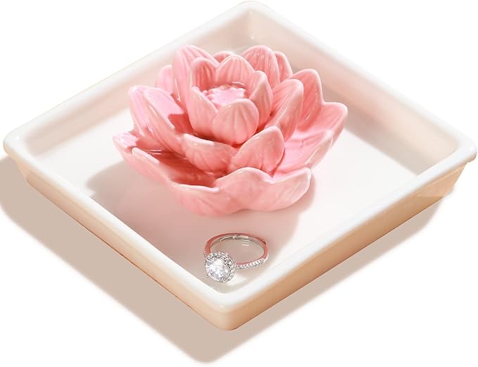 PUDDING CABIN Pink Lotus Ring Holder Dish, Jewelry Holder for Rings, Earrings, Necklace, Bracelets Organizer, Birthday, Wedding, Christmas, Valentine's Day Gifts for Her