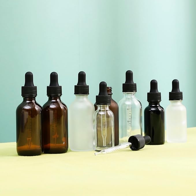 24 Pack, 2oz Glass Dropper Bottle, Preety Texture Tincture Bottles with Precise Scales Eye Droppe, for All Kinds Of Mixed Liquids,Leak-Proof Design for Easy Travel (Clear Frosted)