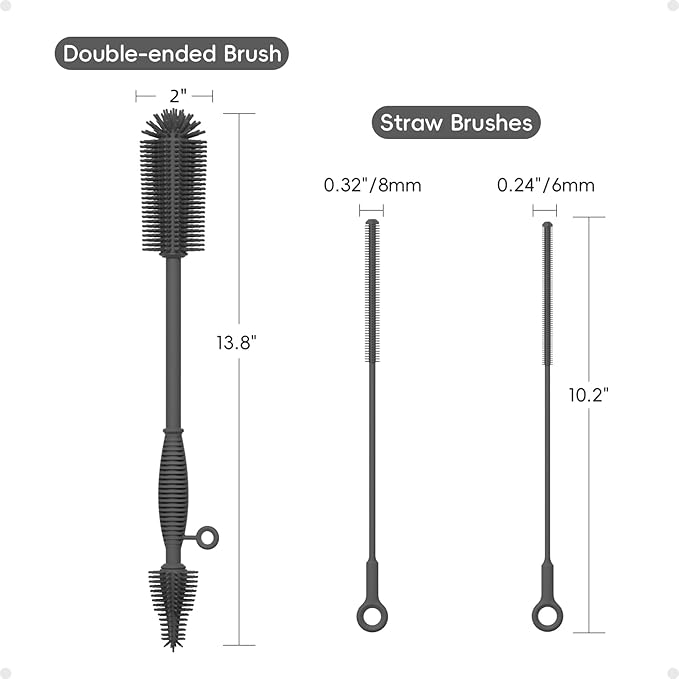 Baby Bottle Brush and Straw Cleaner Brush Set, Extra Long Double-Ended Soft Silicone Brush Cleaner for Baby Bottles, Water Bottles, Cups, Breast Pumps, Detachable & Hangable