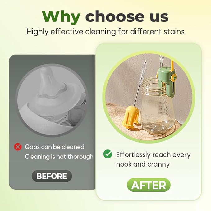 5 in 1 Bottle Cleaning Brush, 2025 New Travel Bottle Cleaner Kit, Long Handle Brush, Bottles Cleaner Brushes Set for Baby Bottles, Mugs, and Wine Glasses (Green)