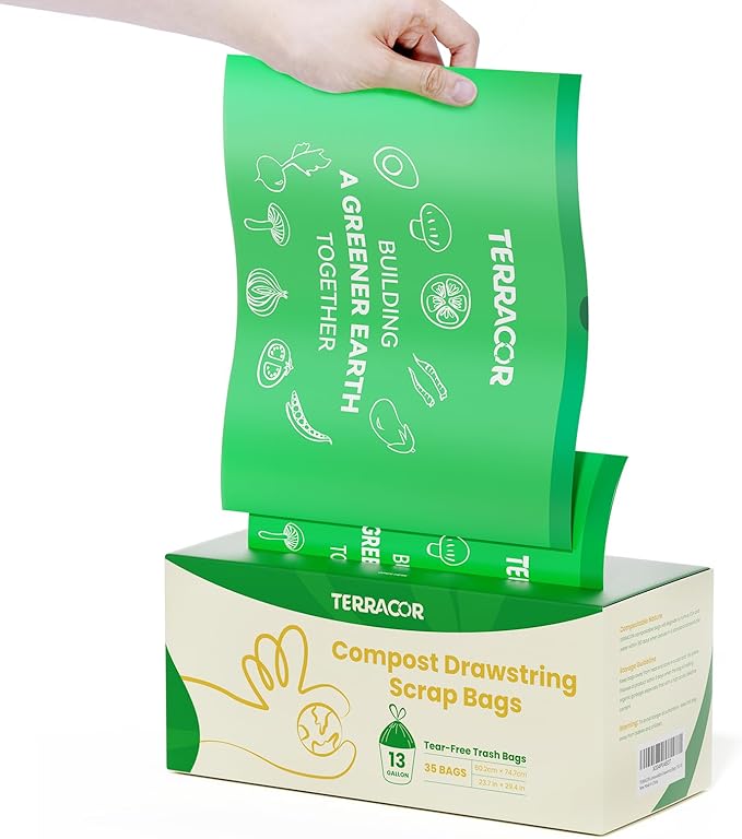13 Gallon Compostable Trash Bags Drawstring, Heavy Duty Extra Thick 1 Mil, 35 Bags, Tall Kitchen Food Scrap Waste Bag, ASTM D6400