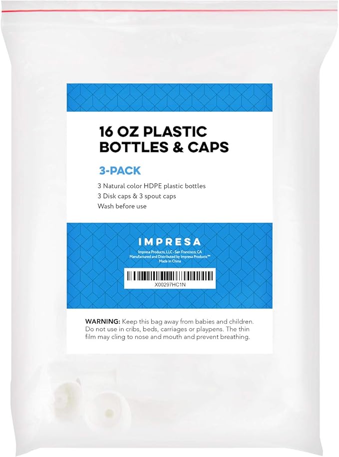 IMPRESA Round Plastic Bottles with Caps - Food-Grade Squeeze Bottles for Sauce, Condiments, Shampoo & Body Wash - 16 Oz, Pack of 3, Natural