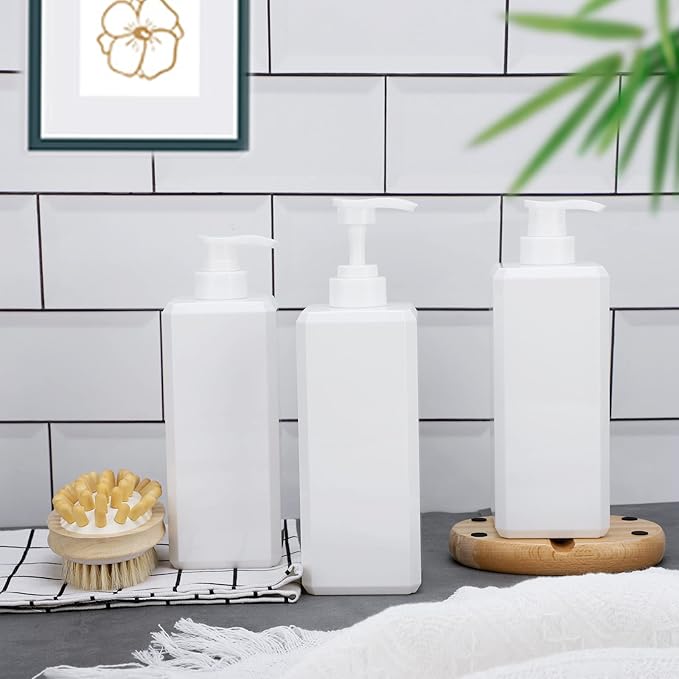 Suream Shampoo and Conditioner Dispenser Set - 27oz Plastic Empty Bottle with 4PCS Lables, Reusable Countertop Soap Organizer for Shower Gel, Hand Wash, Lotion, Massage Oil