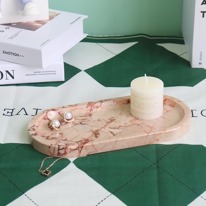 Natural Marble Tray, Oval Vanity Decorative Tray for Bathroom Counter, Countertop Stone Organizer, Catchall Tray for Kitchen, Perfume, Candles, Jewelry Dish Decorative Tray