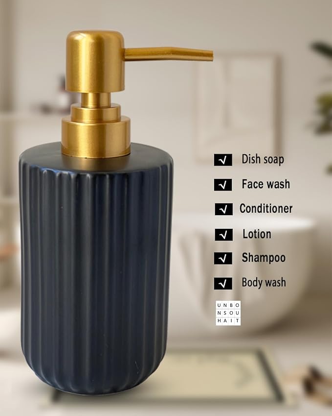 Ceramic Hand Soap Dispenser with Plastic Pump, Simple Style Gold and Black Cylindrical Dispenser