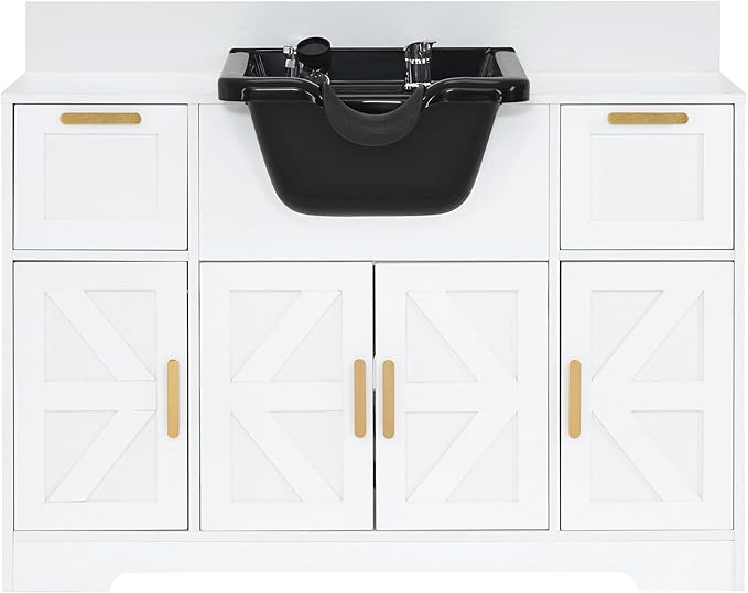 BarberPub Portable Shampoo Station, Shampoo Bowl with Cabinet & Drawer, Salon Geometric Finish Station with Sprayer Faucet, Barber Storage Equipment with Hair Wash Backwash Sink 3439 (White & Black)