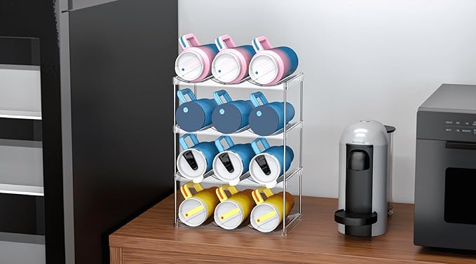 IEEK 4 Tier Stackable Wine and Water Bottle Holder Free-Standing Fridge Wine Bottle Organizers Clear Plastic Water Bottle Holder for Cabinet,Refrigerator,Pantry,Kitchen Countertops,Holds 12 Bottles