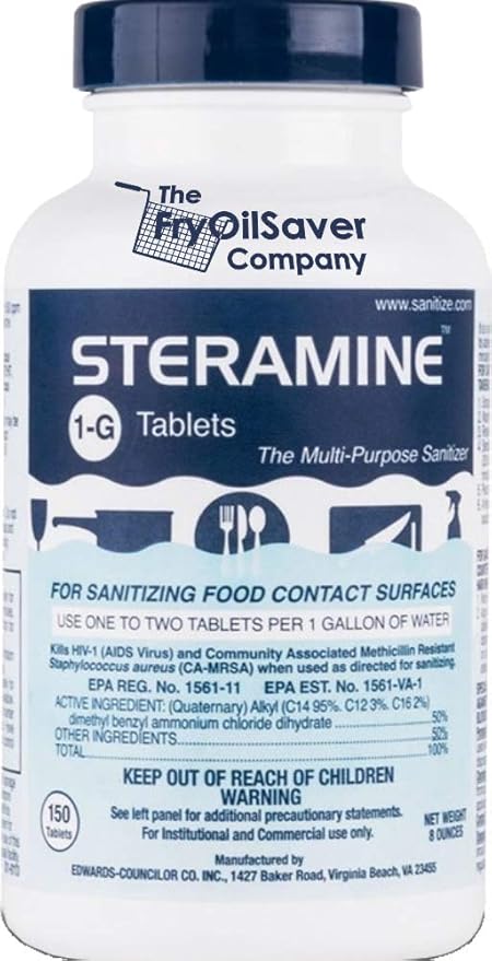 4 Bottles Steramine Sanitizer Tablets - 15x QT-10 Test Strip - Multi Purpose Sanitizing Tablets for Food Contact Surface, Kitchen, Restaurant Cleaning by FryOilSaver (600 Count)