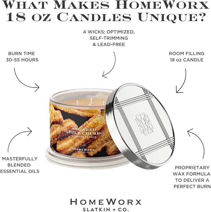 HomeWorx by Slatkin & Co Premium Scented 4-Wick Candle, Sugared Apple Churro - 18 oz - Long-Lasting Jar Candle, 30-55 Hours Burn Time - Notes of Warm Apples, Cinnamon Sugar, Vanilla Carmel & Churro