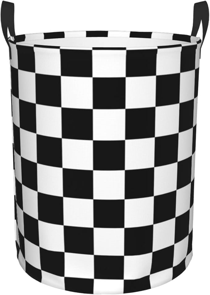 Black And White Plaid Racing Pattern Laundry Hamper Bag With Waterproof Liner - Checkered Race Flag Round Laundry Basket Foldable Clothes Storage Organizer For Bathroom Bedroom Nursery Dorm, S