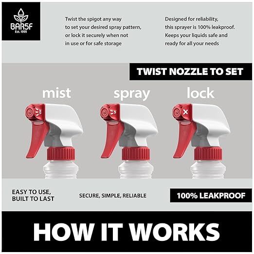 Bar5F 16-Ounce Spray Bottles Heavy-Duty Leakproof Plastic Adjustable Nozzle Mist Stream for Cleaning Solutions, Plant, Hair, Bleach, Vinegar, Alcohol Safe Made in USA 4-pack