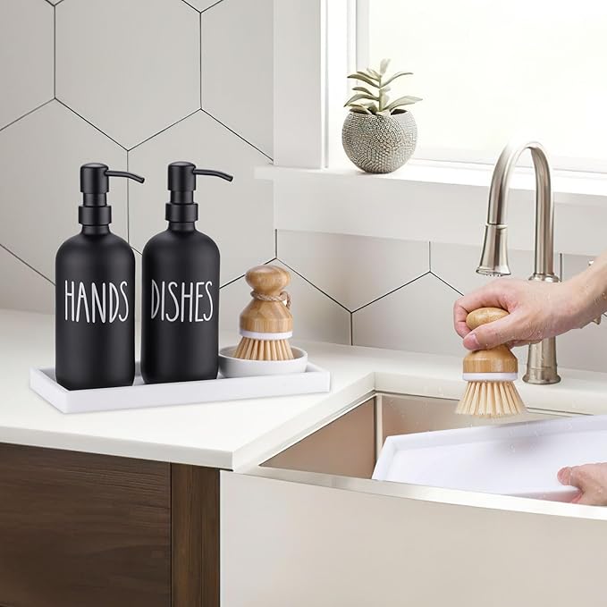 Glass Soap Dispenser for Kitchen,Farmhouse Dish &Hand Soap Dispenser Set, Rustproof Pump with Tray and Dish Brush,Kitchen Decor(Black)