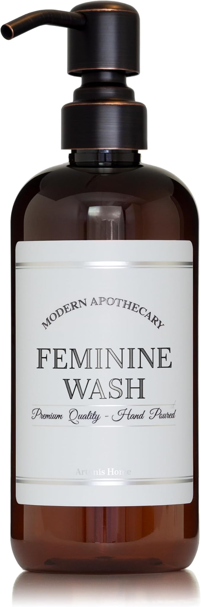 Refillable Amber PET Plastic 16 oz Feminine Wash Bottle with Oil Rubbed Bronze Pump Dispenser - Chrome Accent Waterproof Labeled Bottle