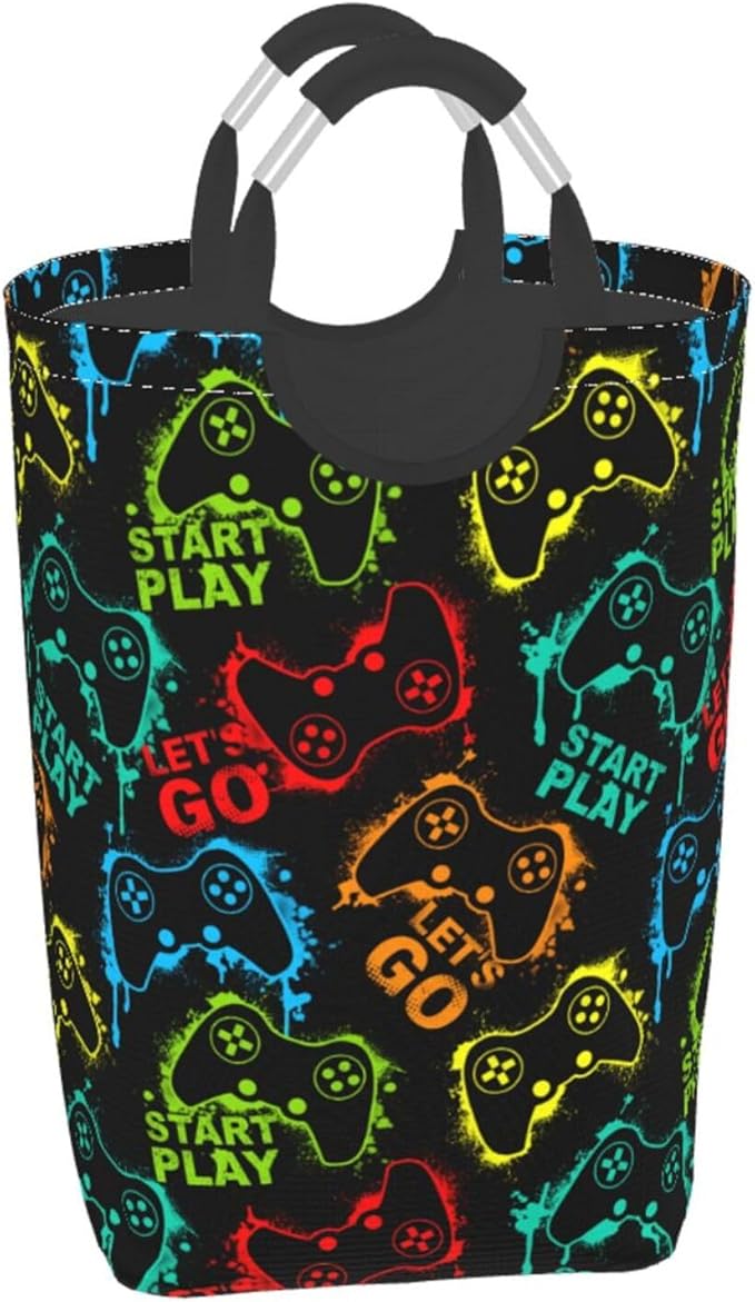 Game Theme Large Laundry Hamper Bag With Waterproof Liner - Gaming Joystick Silhouettes Laundry Basket Foldable Clothes Storage Organizer For Bathroom Bedroom Nursery Dorm