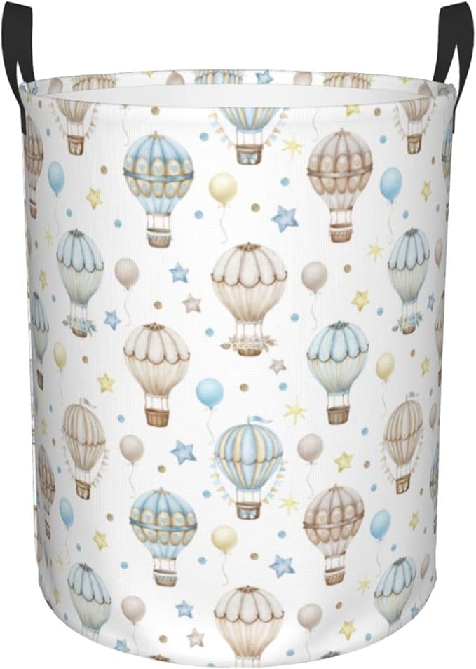 Cute Hot Air Balloon Stars Laundry Hamper Bag With Waterproof Liner - Round Laundry Basket Foldable Clothes Storage Organizer For Bathroom Bedroom Nursery Dorm, M-19.6"X 15.7"