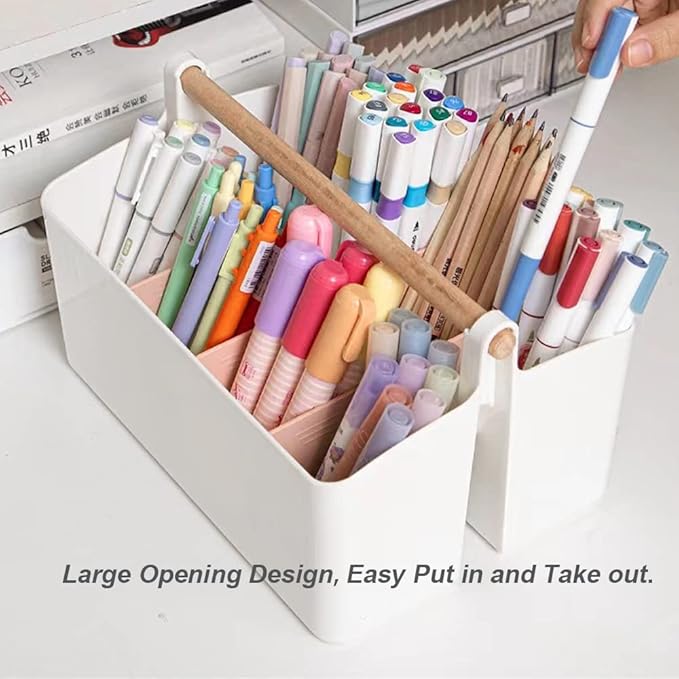 Art Caddy Organizer with Handle, Marker Organizer, Art Supply Storage Organizer with Adjustable Dividers, Portable Storage Bin for Craft Supplies Colored Pencils Makeups Tools Pen Holder for Desk