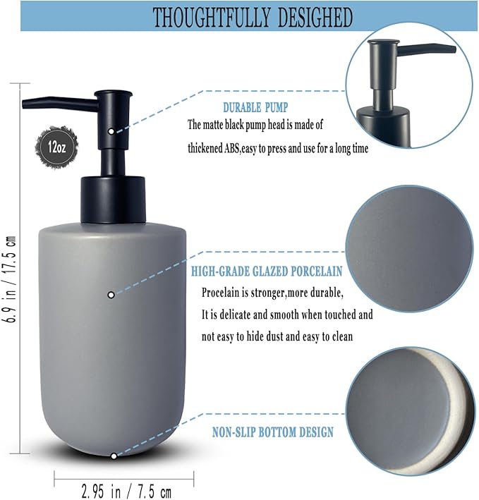 Gray Soap Dispenser with Matte Black Pump for Bathroom,Cylindrical Lotion Dispenser,12oz Ceramic Relief Hand Dish Soap Dispenser,Refillable Liquid Dispenser for Kitchen (Relief Gray)