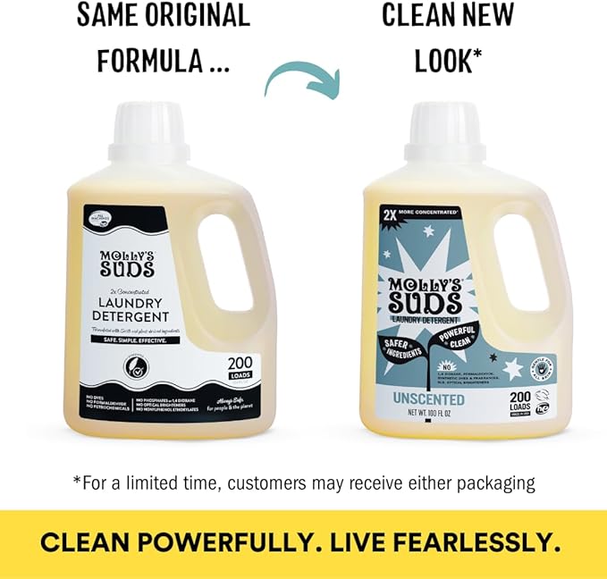 Molly's Suds Liquid Laundry Detergent | Clean Laundry Detergent Soap for Sensitive Skin | 2x Concentrated, High Efficiency (HE) (Unscented - 200 Loads)